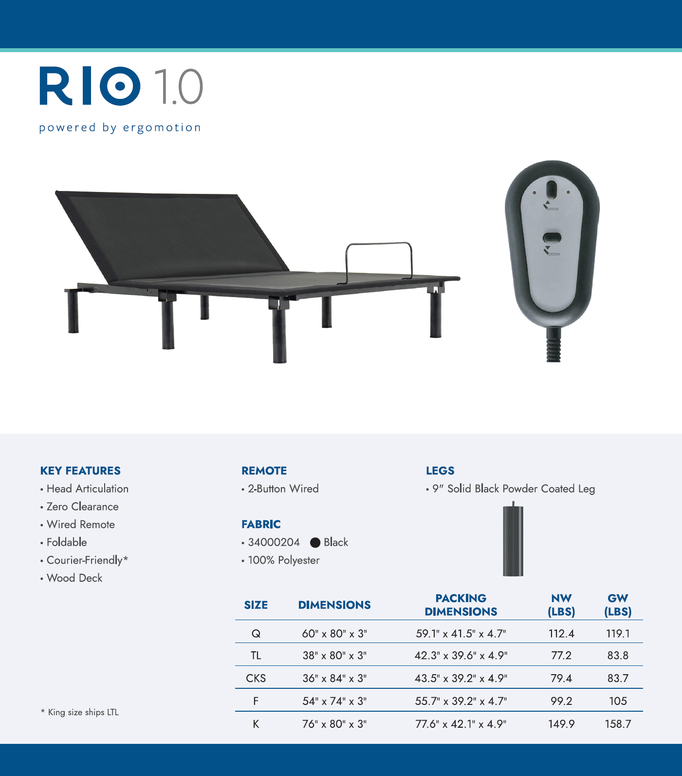 Ergo Motion™ RIO 1.0 Electric Adjustable Base – Quiet Head Lift & Wired Remote