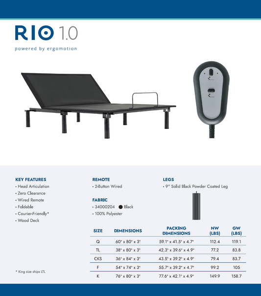 Ergo Motion™ RIO 1.0 Electric Adjustable Base – Quiet Head Lift & Wired Remote