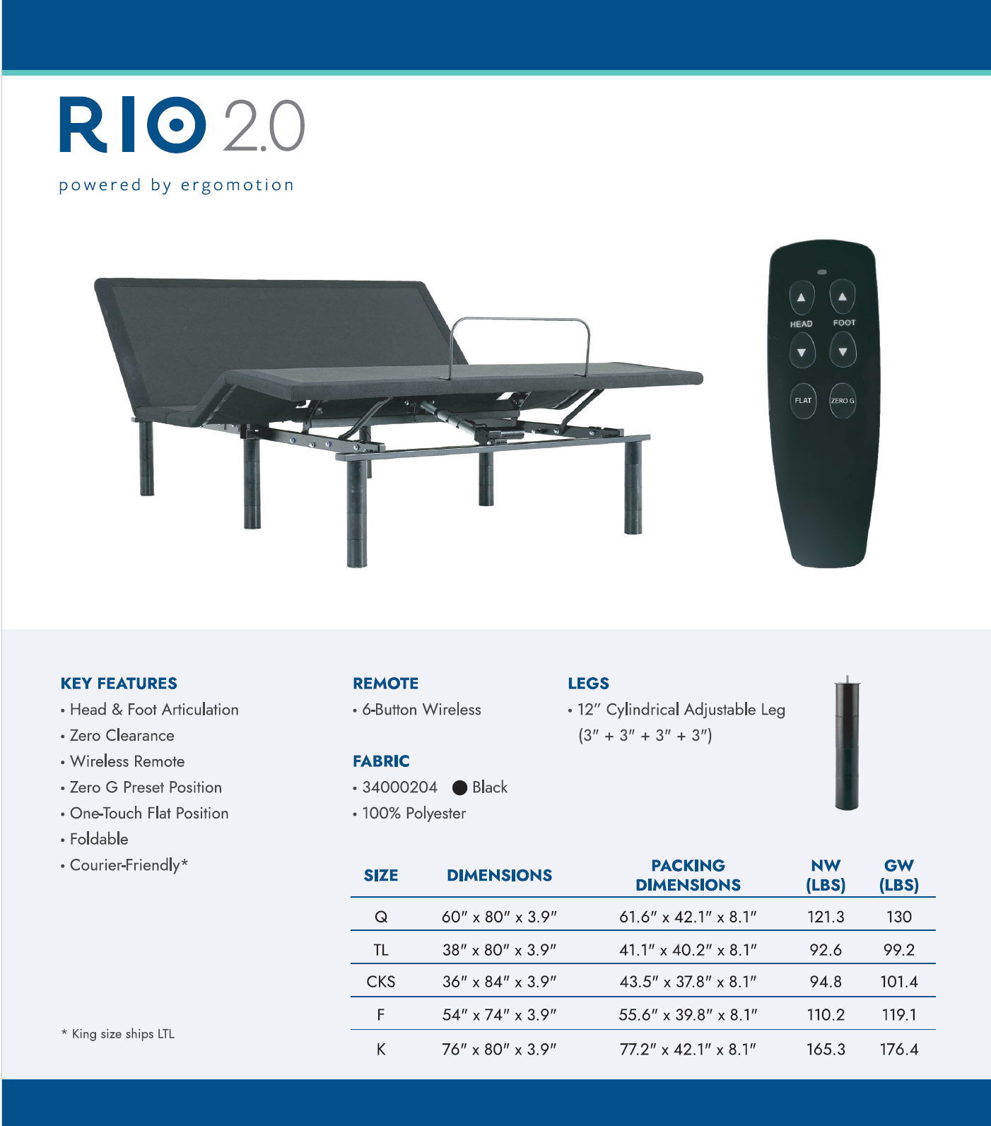 Ergo Motion™ RIO 2.0 Electric Adjustable Base – Head & Foot Adjustment with Zero-G